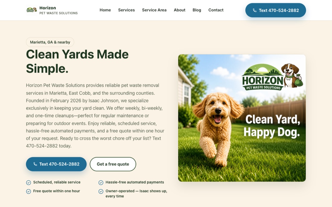 Horizon Pet Waste Solutions website home page preview.
